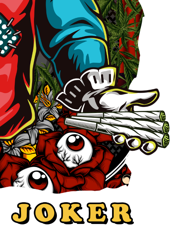 StonerDays Mr. Toker Joker White Tee close-up with vibrant cannabis and card design