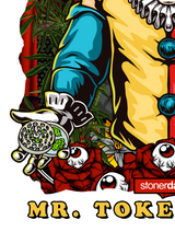 StonerDays Mr. Toker Joker White Tee design close-up with vibrant cannabis graphics