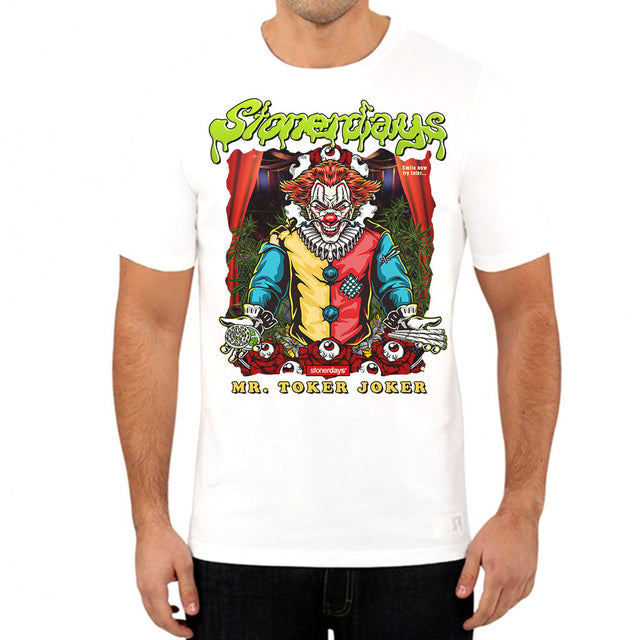 Front view of StonerDays Mr. Toker Joker White Tee in sizes S to 3XL on a male model