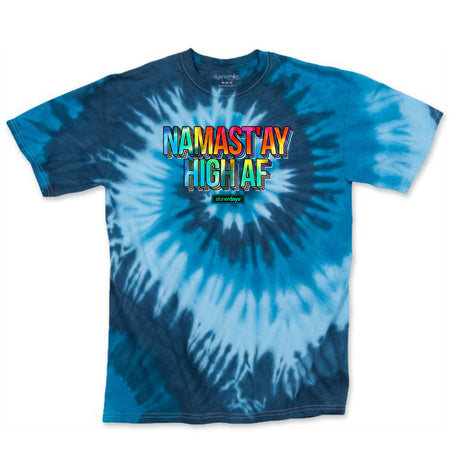 StonerDays Namastay High Af Blue Tie Dye T-Shirt in sizes S to 3XL, front view on white background