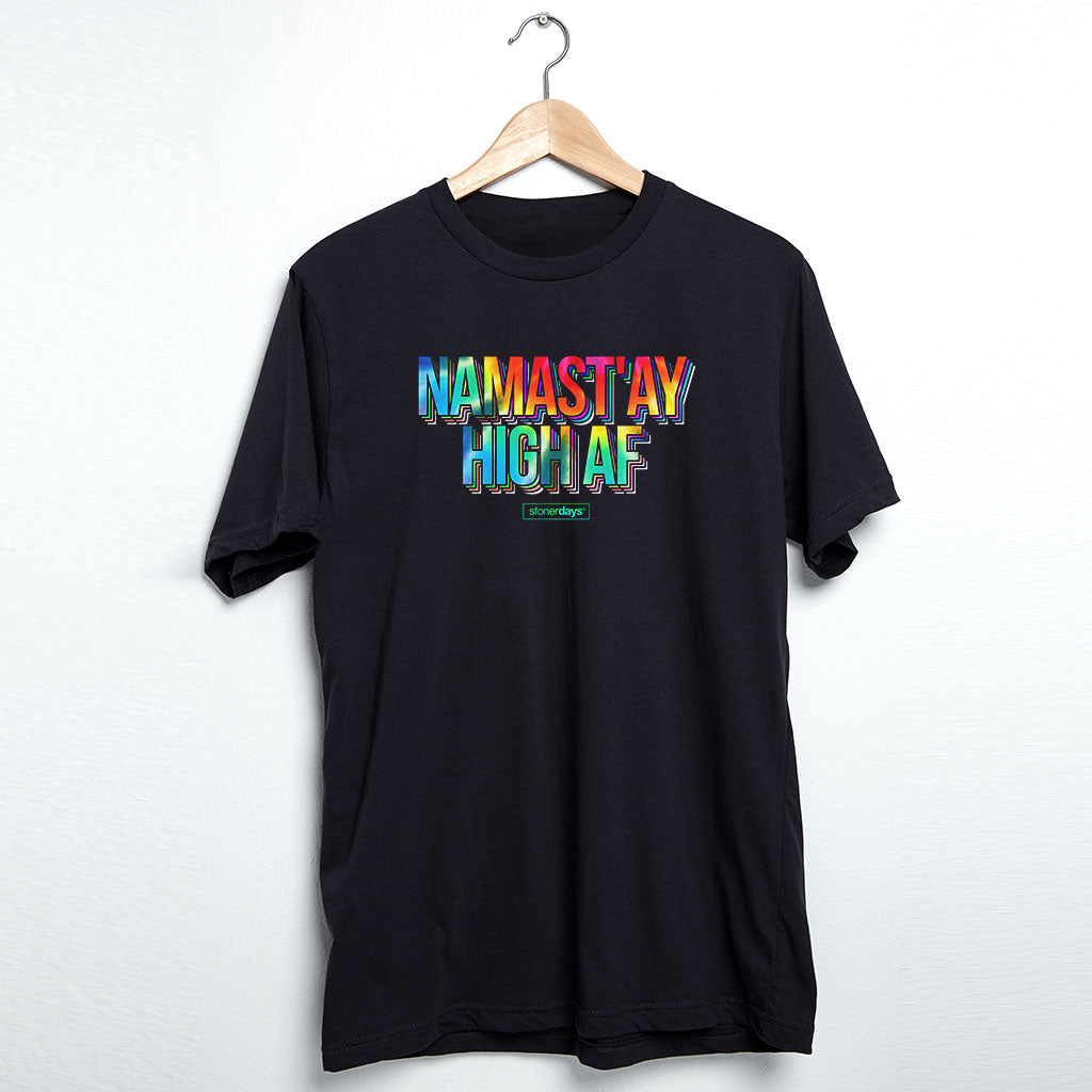 StonerDays Namastay High Af Men's Black T-Shirt, Cotton Material, Front View on Hanger