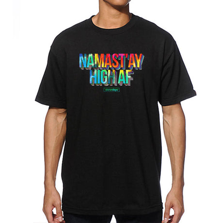StonerDays Namastay High Af Men's Black T-Shirt front view on model