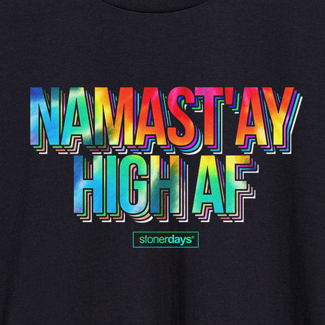 StonerDays Namastay High Af Tank close-up, vibrant rainbow print on black, unisex cotton blend