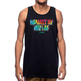 StonerDays Namastay High Af Tank top front view on model, black with colorful print