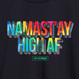 StonerDays Namastay High AF Women's Racerback, close-up on colorful print, cotton blend