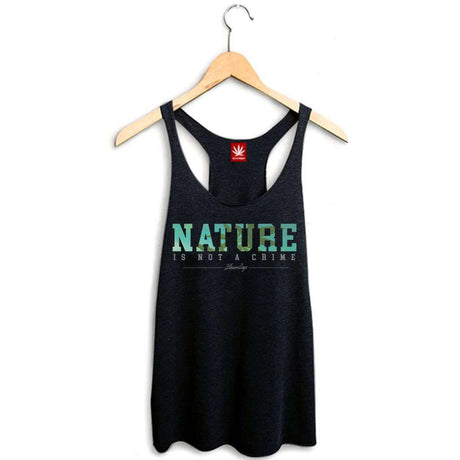 StonerDays Nature Is Not A Crime Racerback Tank Top in Green on Hanger, Organic Women's Apparel