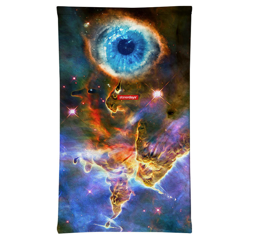 StonerDays Nebula Eye Neck Gaiter featuring a vibrant cosmic design, front view on white background