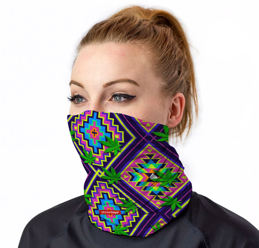 StonerDays Neon Aztec Leaves Neck Gaiter worn by model, vibrant UV reactive design