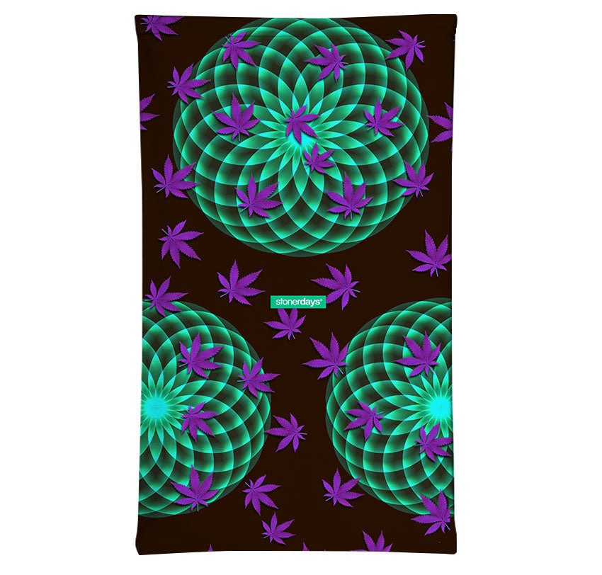 StonerDays Neon Mandala 420 Friendly Neck Gaiter with UV Reactive Design on Black Background