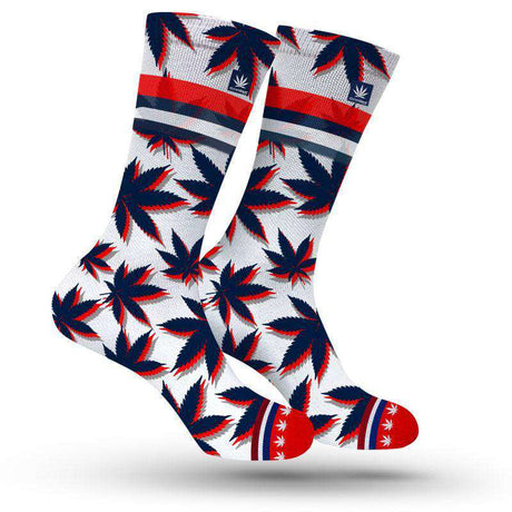 StonerDays New England Weed Socks in red, white, and blue with cannabis leaf pattern, one size fits all