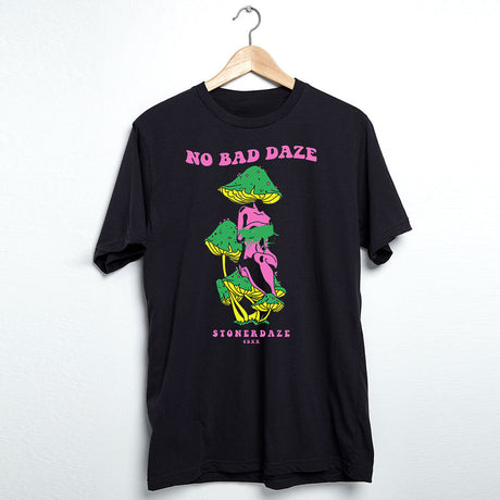 StonerDays No Bad Daze men's black t-shirt with colorful print, front view on hanger