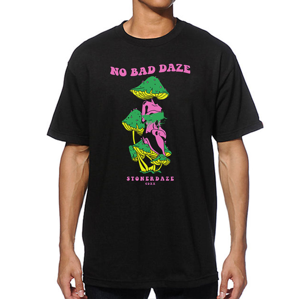 Front view of StonerDays No Bad Daze men's black t-shirt with vibrant graphic