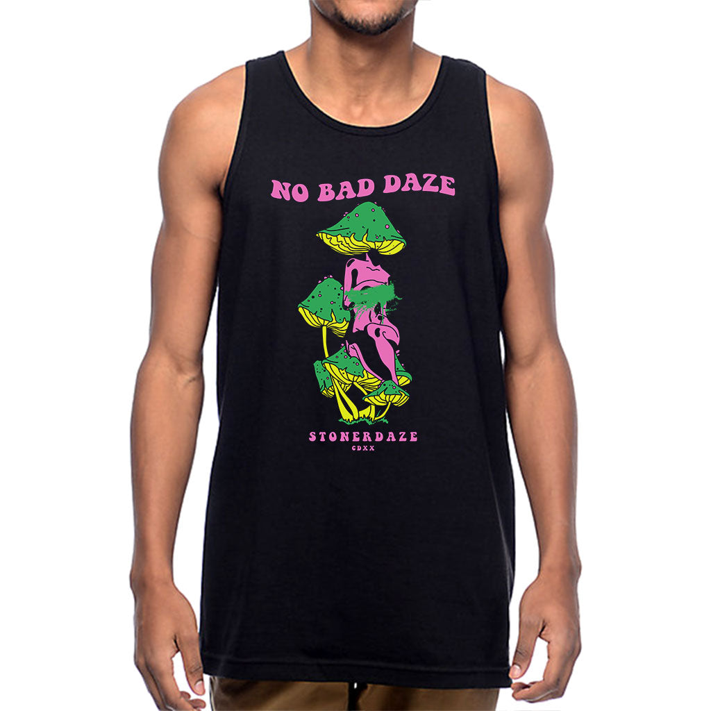 StonerDays No Bad Daze Tank in black, front view, with colorful print, sizes S to 3XL