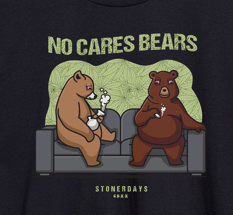 StonerDays No Cares Bears T-Shirt featuring cartoon bears on couch, front view on black fabric