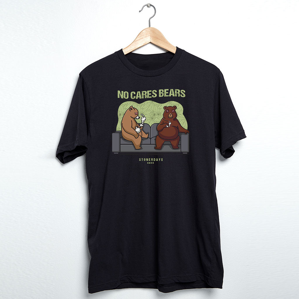 StonerDays No Cares Bears men's black t-shirt with cartoon bears graphic, front view on hanger