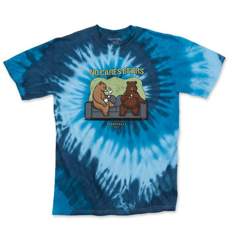 StonerDays No Cares Bears men's blue tie-dye tee with graphic, front view on white background.