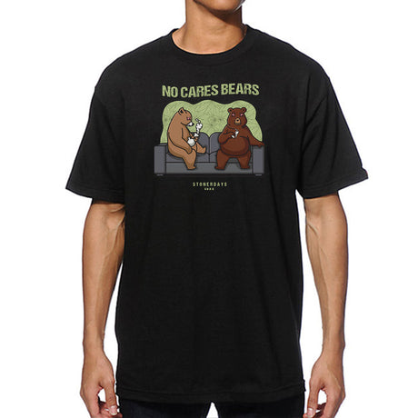 StonerDays No Cares Bears men's black t-shirt with cartoon bears graphic, sizes S to 3XL