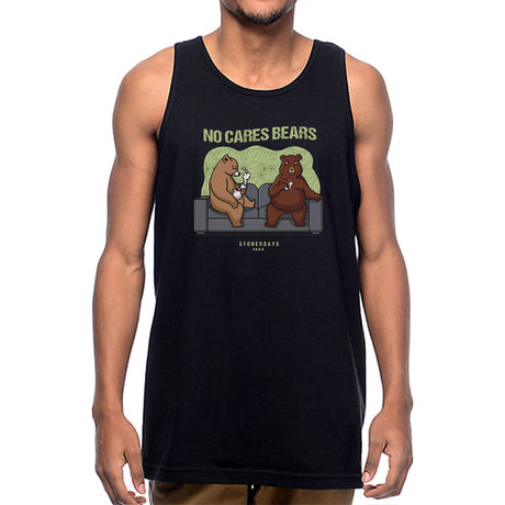 StonerDays No Cares Bears Tank in black, front view on male model, sizes S to 3XL, cotton blend