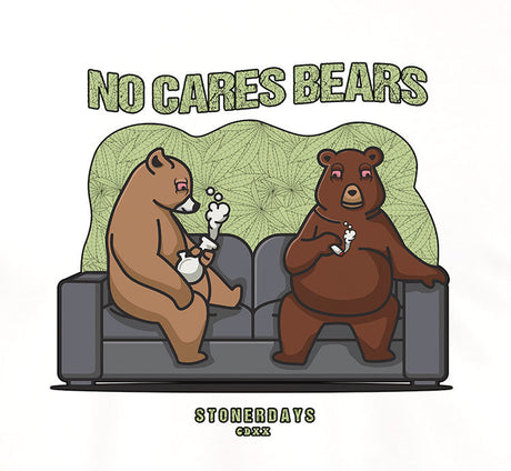 StonerDays No Cares Bears White Tee featuring chillum-smoking bear graphics, 100% cotton, front view