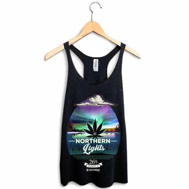 StonerDays Northern Lights Racerback tank top in black, hanging on wooden hanger