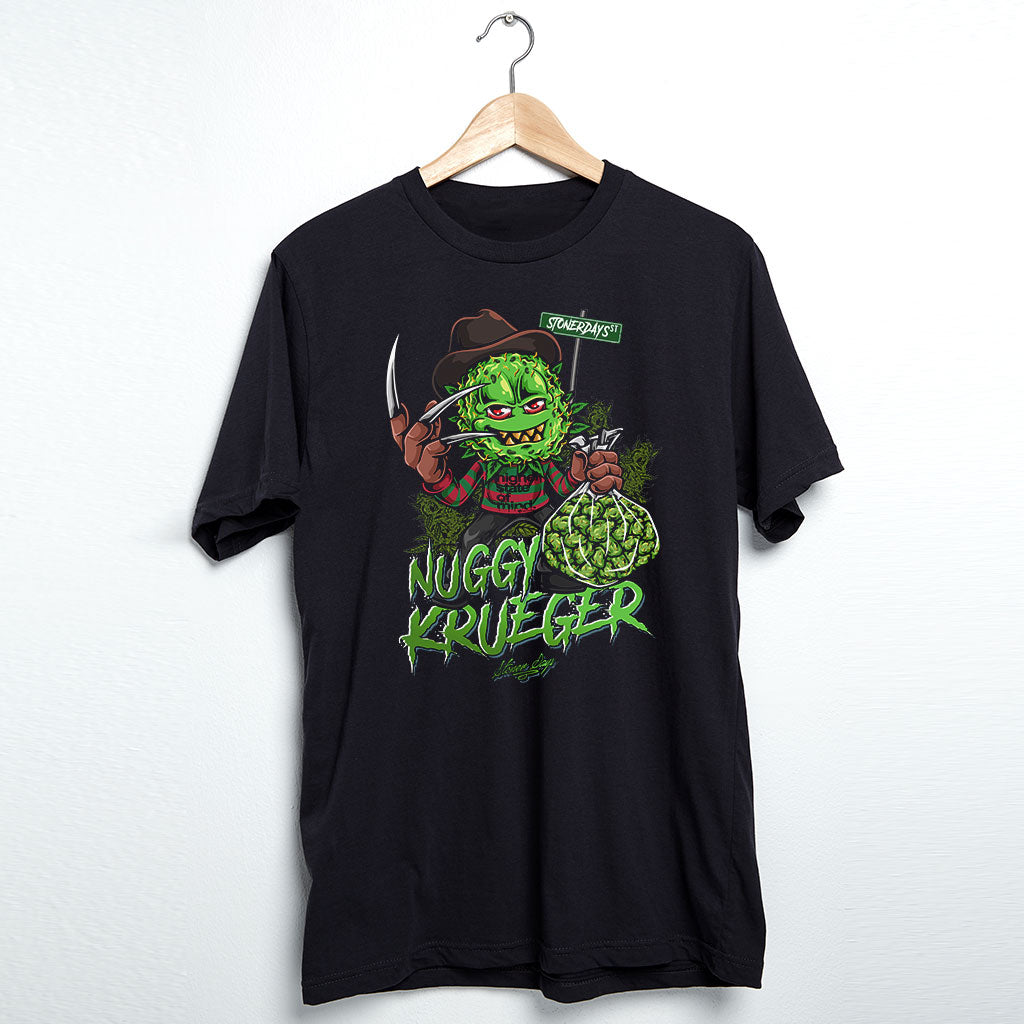 StonerDays Nuggy Krueger men's black cotton t-shirt with green graphic, front view on hanger