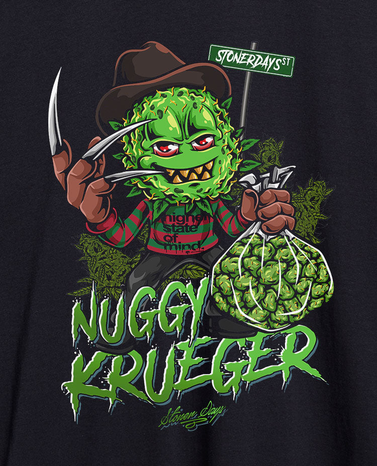 StonerDays Nuggy Krueger T-Shirt in black with green graphic, comfortable cotton, size options available.