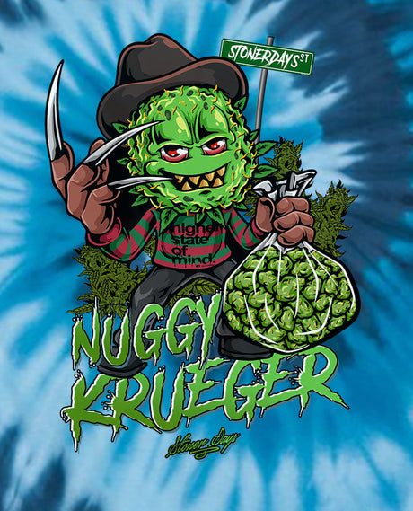 StonerDays Nuggy Krueger Blue Tie Dye T-Shirt with Graphic Print, Front View