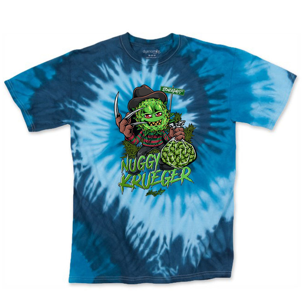 StonerDays Nuggy Krueger Blue Tie Dye T-Shirt front view on white background