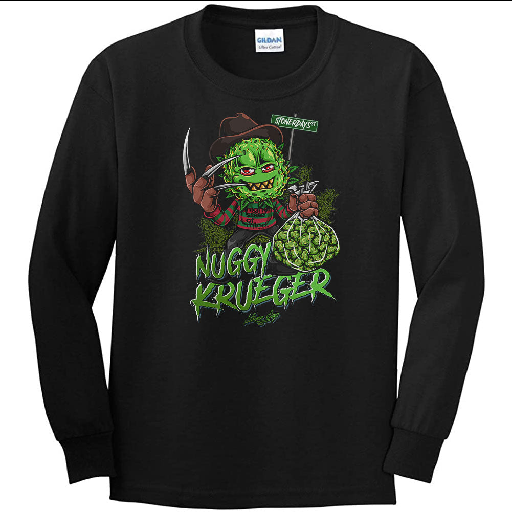 StonerDays Nuggy Krueger Men's Long Sleeve - Front View on Black Cotton Tee