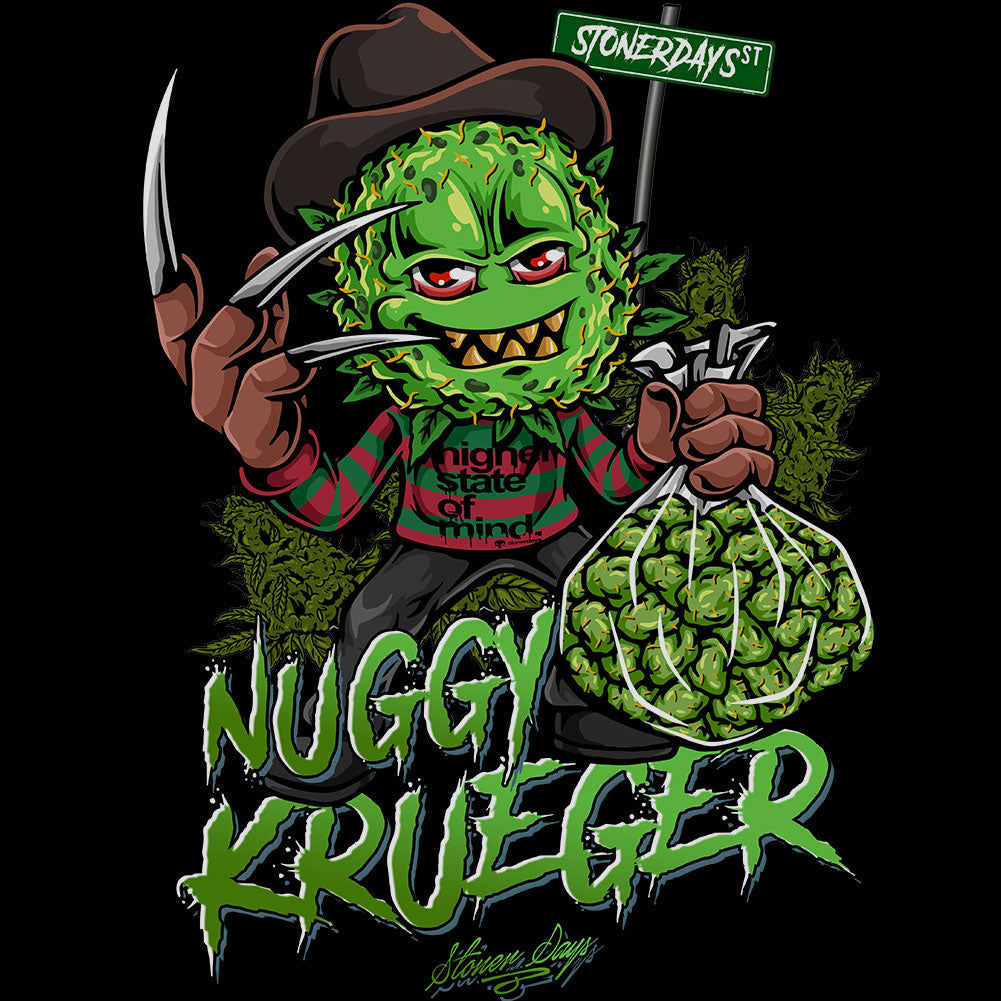StonerDays Nuggy Krueger Long Sleeve Shirt in Green Cotton, Front View with Graphic Design