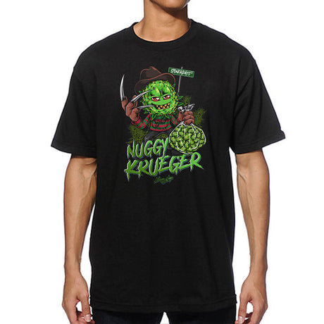 StonerDays Nuggy Krueger men's black cotton t-shirt with green graphic, front view on model