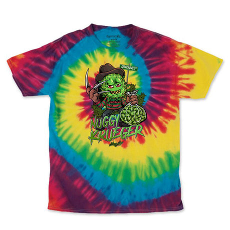 StonerDays Nuggy Krueger Tie Dye Tee in vibrant green and red, front view on white background