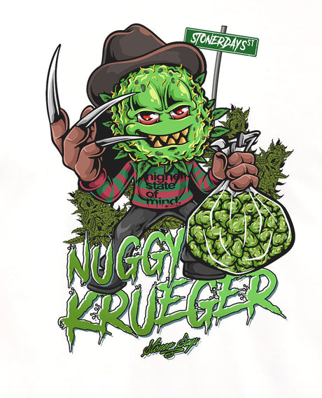 StonerDays Nuggy Krueger White T-Shirt featuring a green cannabis-themed character illustration, size options available