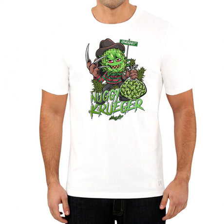 Front view of StonerDays Nuggy Krueger White Tee in sizes S to 3XL with vibrant green print