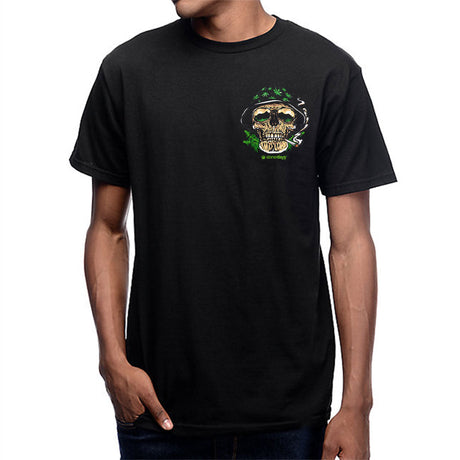 StonerDays Og Kush black cotton t-shirt with green skull graphic, front view on male model