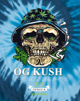 StonerDays OG Kush Blue Tie Dye T-Shirt featuring a graphic skull with cannabis leaves, front view.
