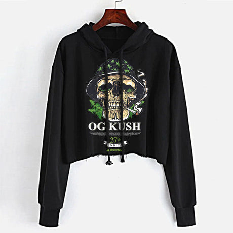 StonerDays Og Kush Women's Crop Top Hoodie in Black with Green Cannabis Leaf Design - Front View