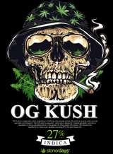 StonerDays OG Kush Hoodie featuring skull graphic and cannabis leaves, cotton-poly blend, size options S-2XL
