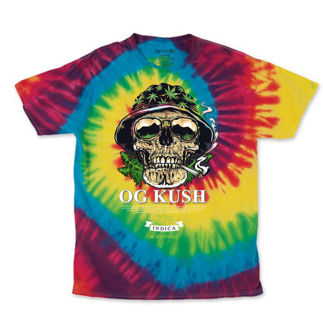 StonerDays OG Kush Tie Dye Tee with vibrant green, red, and yellow colors, front view on white background