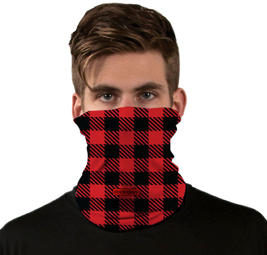 StonerDays Og Red Plaid Gaiter worn by a male, front view, versatile polyester neckwear