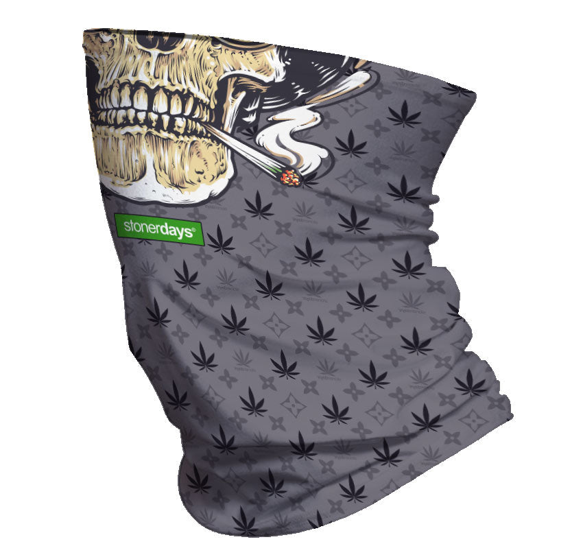 StonerDays Og Skull Neck Gaiter featuring cannabis leaf pattern and skull graphic, made of polyester