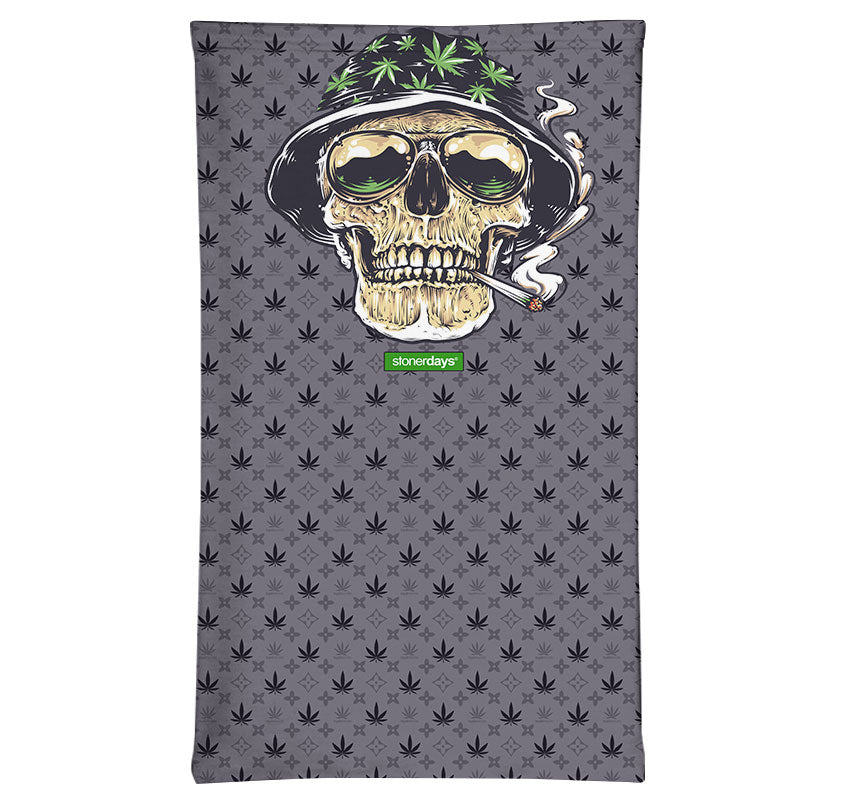 StonerDays Og Skull Neck Gaiter featuring a cannabis leaf pattern and skull design, made of polyester