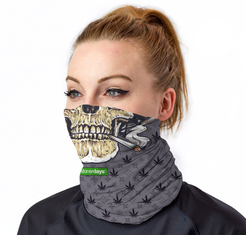 StonerDays Og Skull Neck Gaiter worn by model, featuring cannabis leaf design and skull print