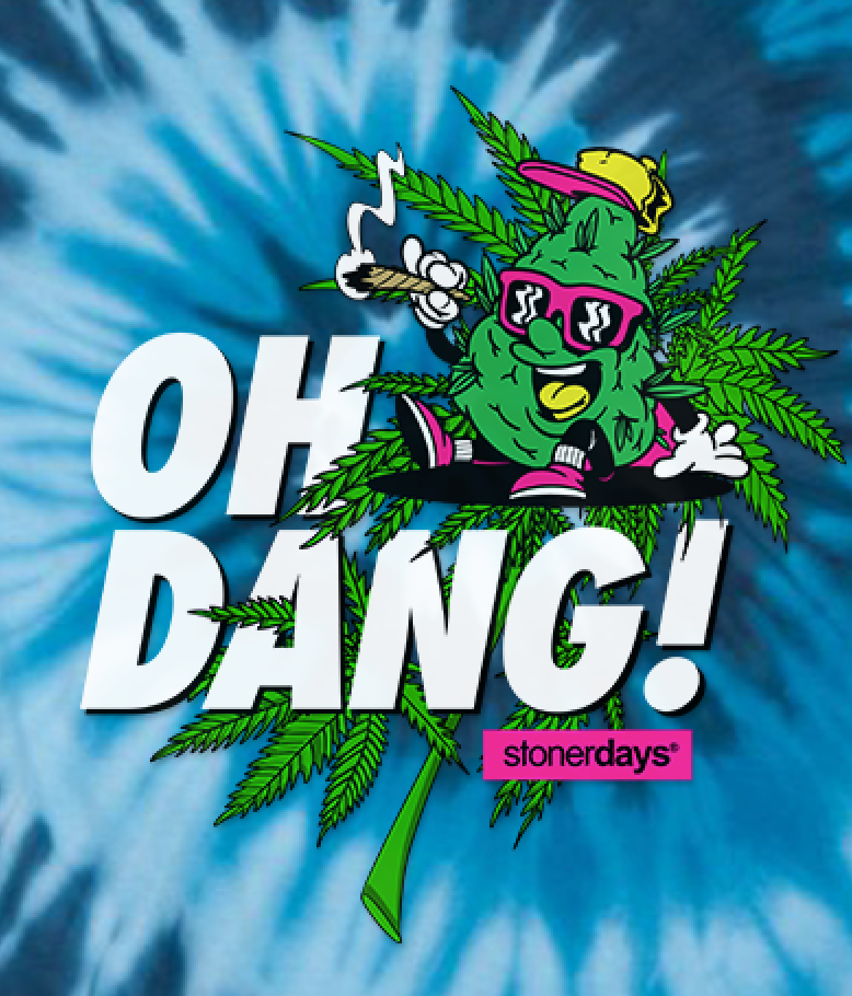 StonerDays Oh Dang! T-Shirt in Blue Tie Dye with Bold Graphic, Front View