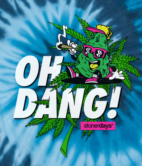 StonerDays Oh Dang! T-Shirt in Blue Tie Dye with Bold Graphic, Front View