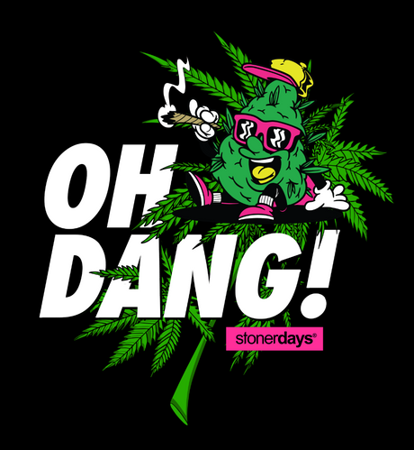 StonerDays Oh Dang! Crop Top Hoodie graphic with cartoon cannabis leaf on black background