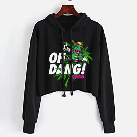 StonerDays Oh Dang! Women's Crop Top Hoodie in Black with Bold Graphic, Front View