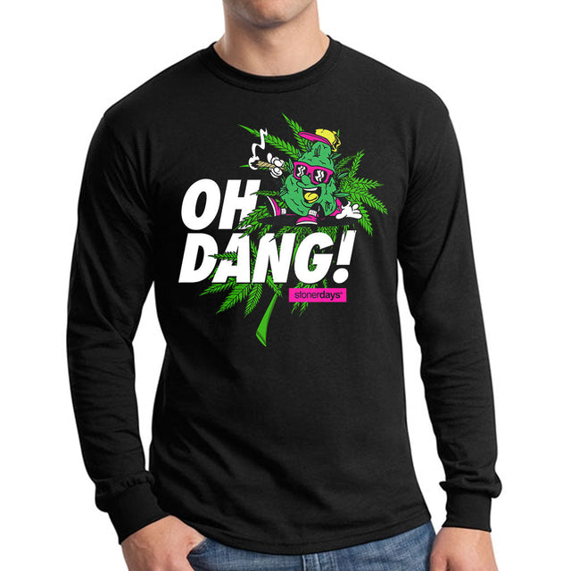 StonerDays Oh Dang! Long Sleeve shirt in black, front view on a male model, sizes S to XXXL