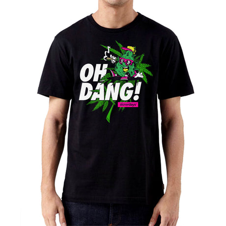 StonerDays 'Oh Dang!' black cotton t-shirt with vibrant graphic, front view on male model