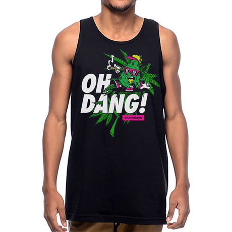 StonerDays 'Oh Dang!' Tank Top in black, front view on male model, sizes S to 3XL, cotton blend